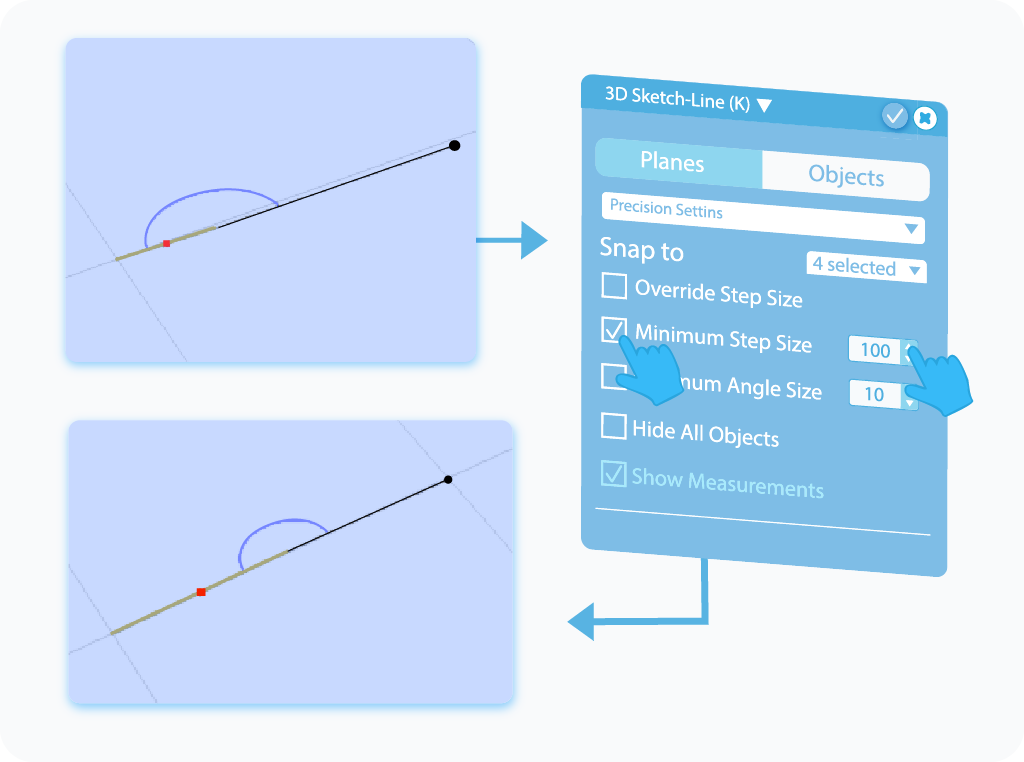 Toggle to enable and customize the Minimum Step Size feature in 3D Sketch